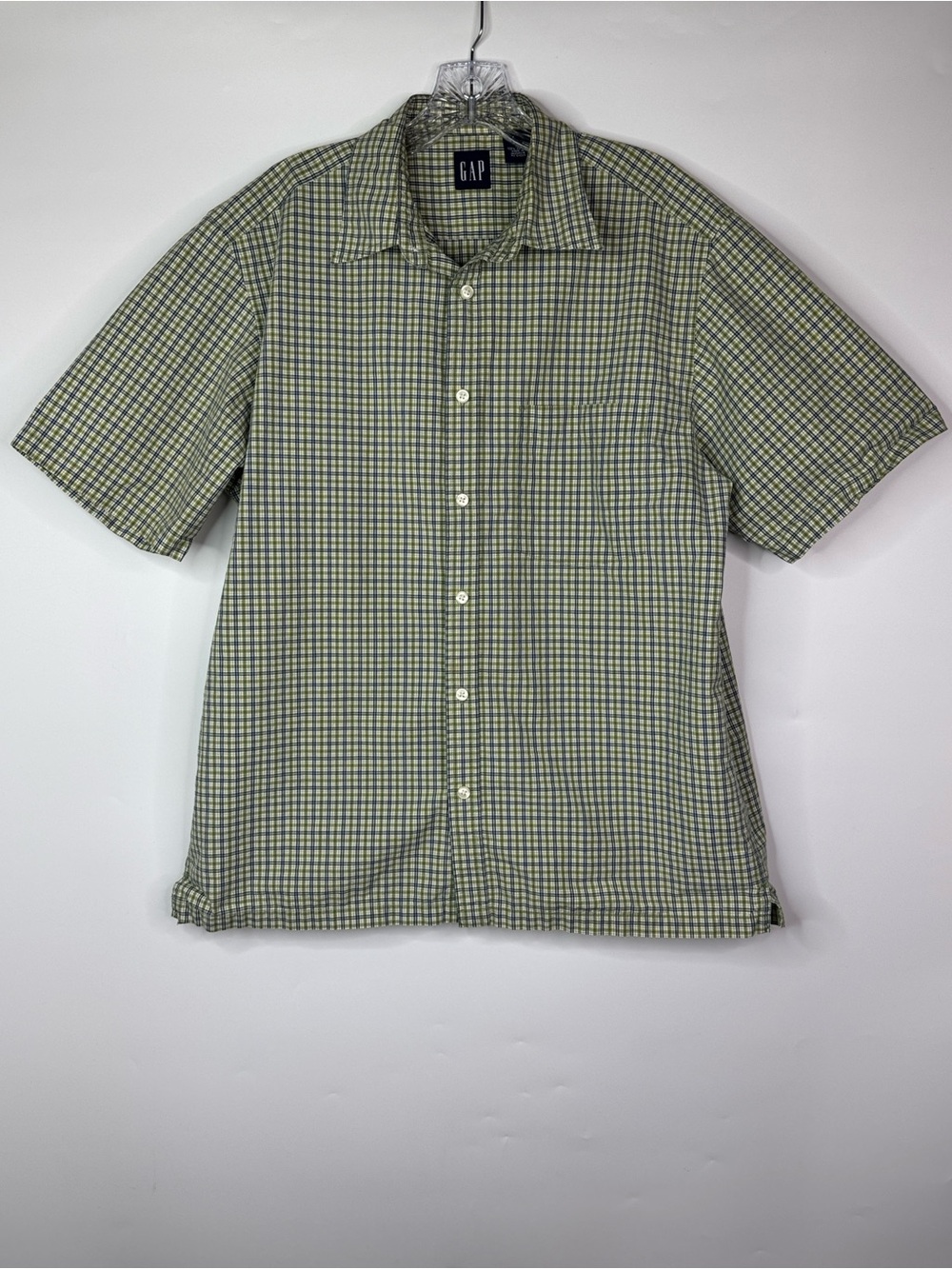 Vintage GAP Blue White Green Plaid Short Sleeve Button Up Shirt Size Medium